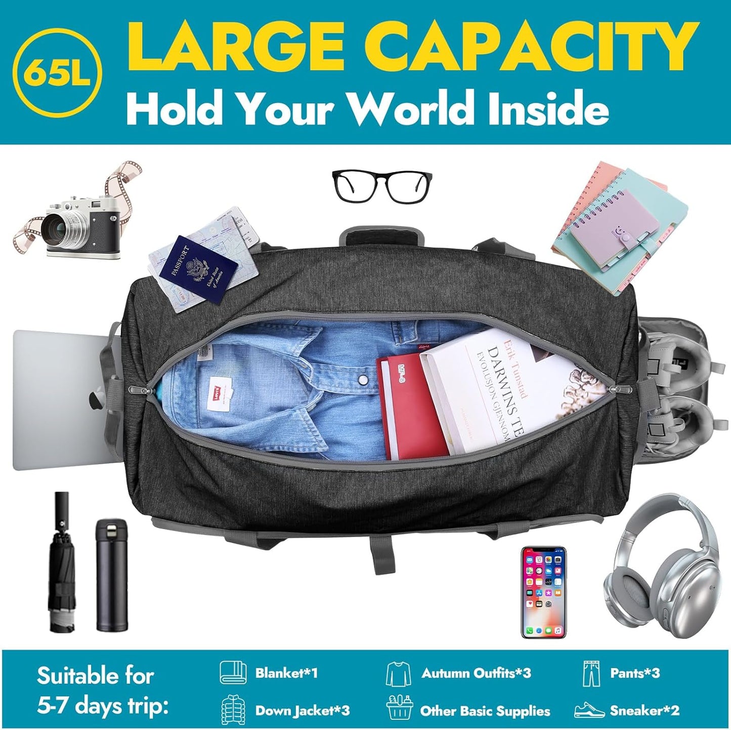 Canway 65L Travel Duffel Bag, Foldable Weekender Bag with Shoes Compartment for Men Women Water-proof & Tear Resistant (Panther Black, 65L)