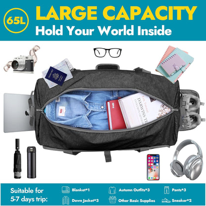 Canway 65L Travel Duffel Bag, Foldable Weekender Bag with Shoes Compartment for Men Women Water-proof & Tear Resistant (Panther Black, 65L)