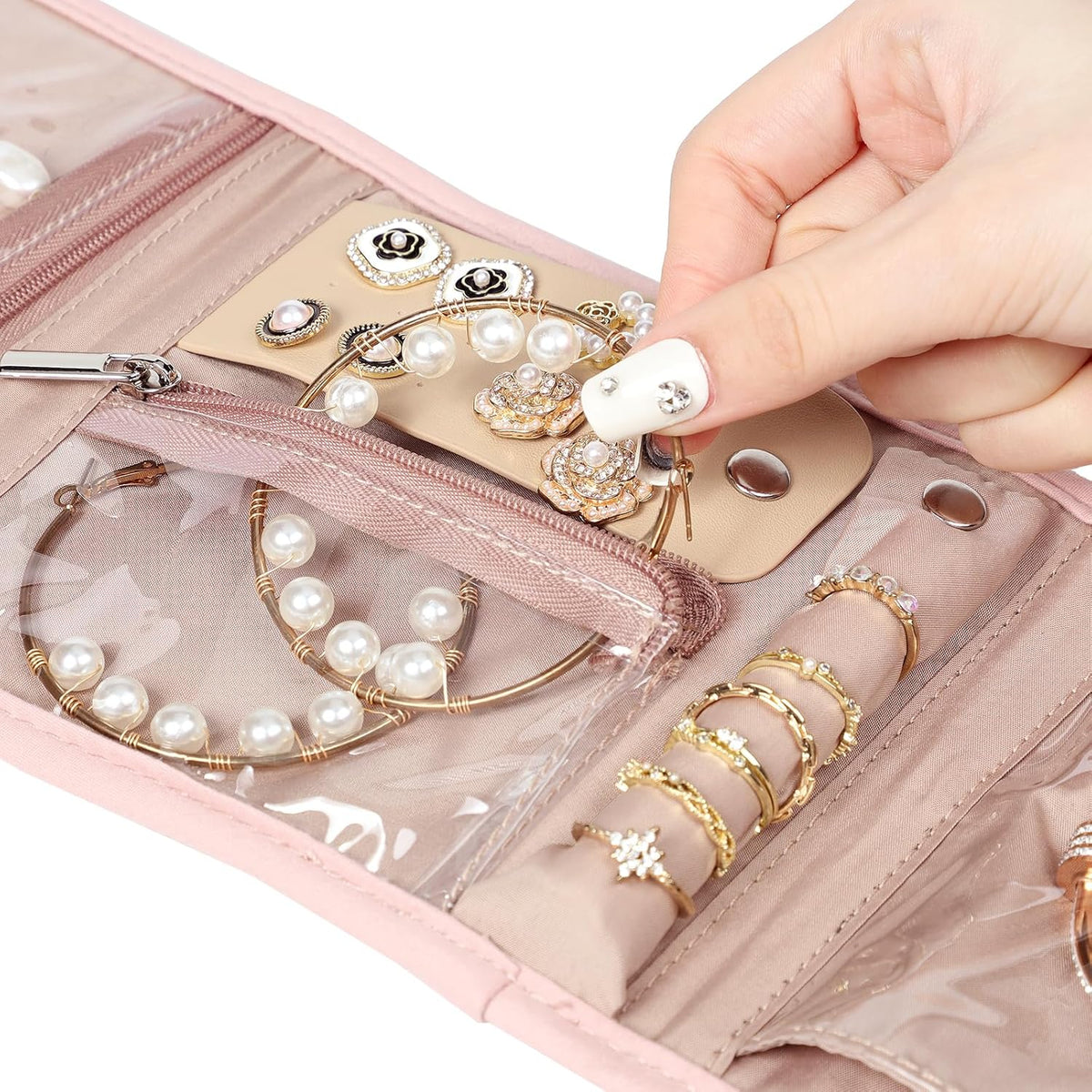 BELALIFE Travel Jewelry Case Organizer, Small Foldable Storage Roll for Earrings, Necklaces, Rings, Bracelets, Brooches, Pink