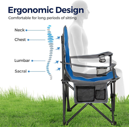 ALPHA CAMP Oversized Camping Folding Chair - Heavy Duty Steel Frame Support 350 LBS, Collapsible Padded Arm With Cup Holder, Quad Lumbar Back, Portable for Outdoor/Indoor