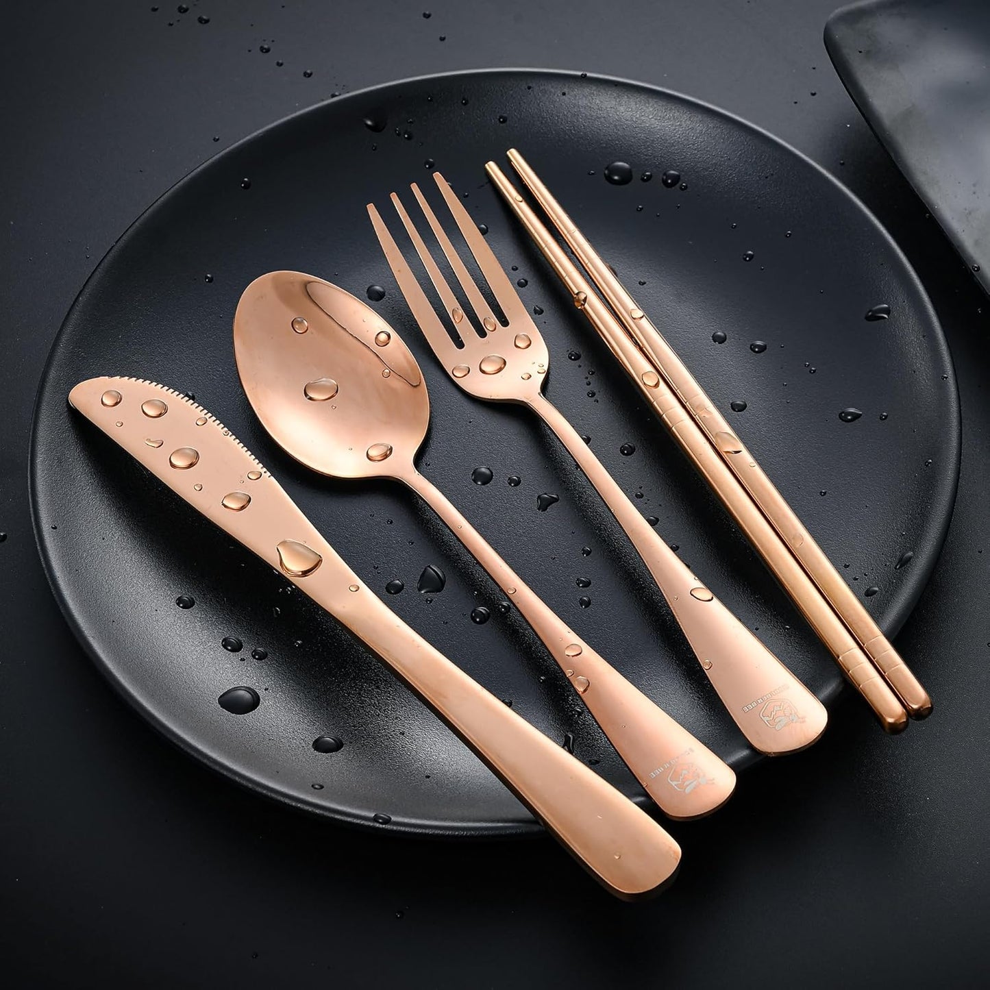 Boulder Bee Travel Utensils Set | Reusable Camping Cutlery Set | Stainless Steel Flatware Set | Portable Silverware Set with Case | Includes Knife/Fork/Spoon/Chopsticks/Cleaning Cloth/Case (Rose)