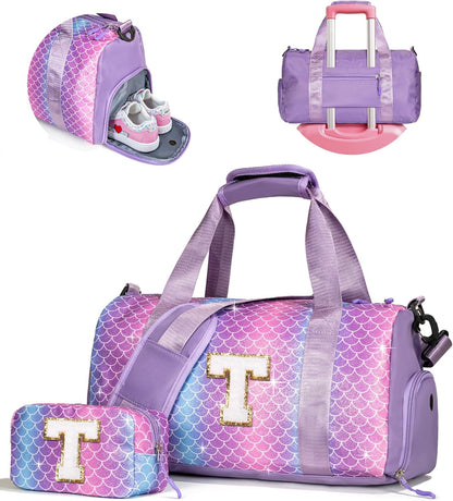 Easter Gifts for Teens Girls-Girl Gym Bag with Shoe Compartment, Kid Personalized Weekender Overnight Bags, Initial Travel Tote with Makeup Pouch, Gift for 3 4 5 6 7 Year Old Kids (Letter T)