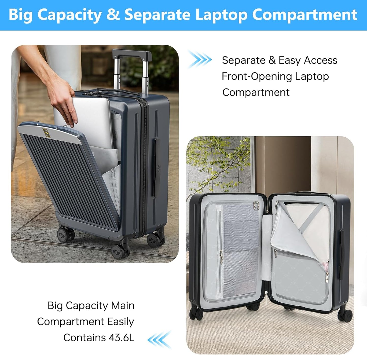 Carry on Luggage 22x14x9 Airline Approved, Durable PC Hardside Suitcase with TSA Lock for Business Trip & Travel, 20 Inch Carry-on Luggage with Front Pocket, USB Port & 360°Spinner Wheels, (Dark Grey)