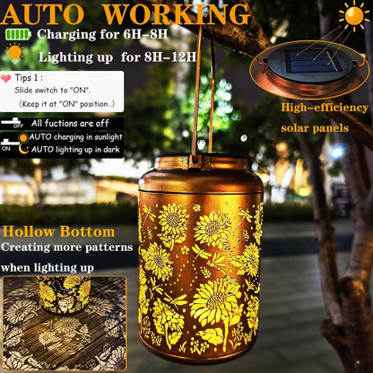 Solar Lanterns for Outside,Sunflower and Dragonfly Garden Decor Lights,Waterproof Solar Powered Hanging Lantern for Patio,Yard,Porch, Birthday Gifts for Women,Mom,Grandma,Housewarming