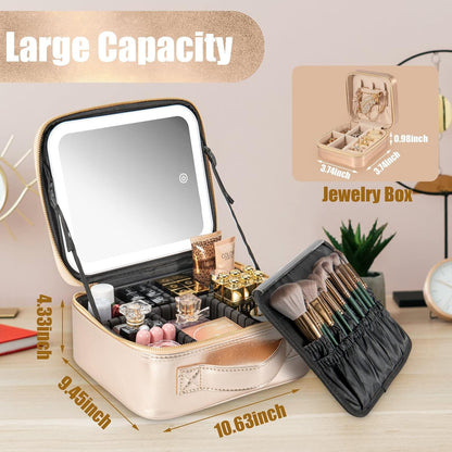 Makeup Travel Train Case with Mirror LED Light 3 Adjustable Brightness Large Cosmetic Bag Portable Storage Adjustable Partition Waterproof Make up Brushes Makeup Jewelry Gift for Women