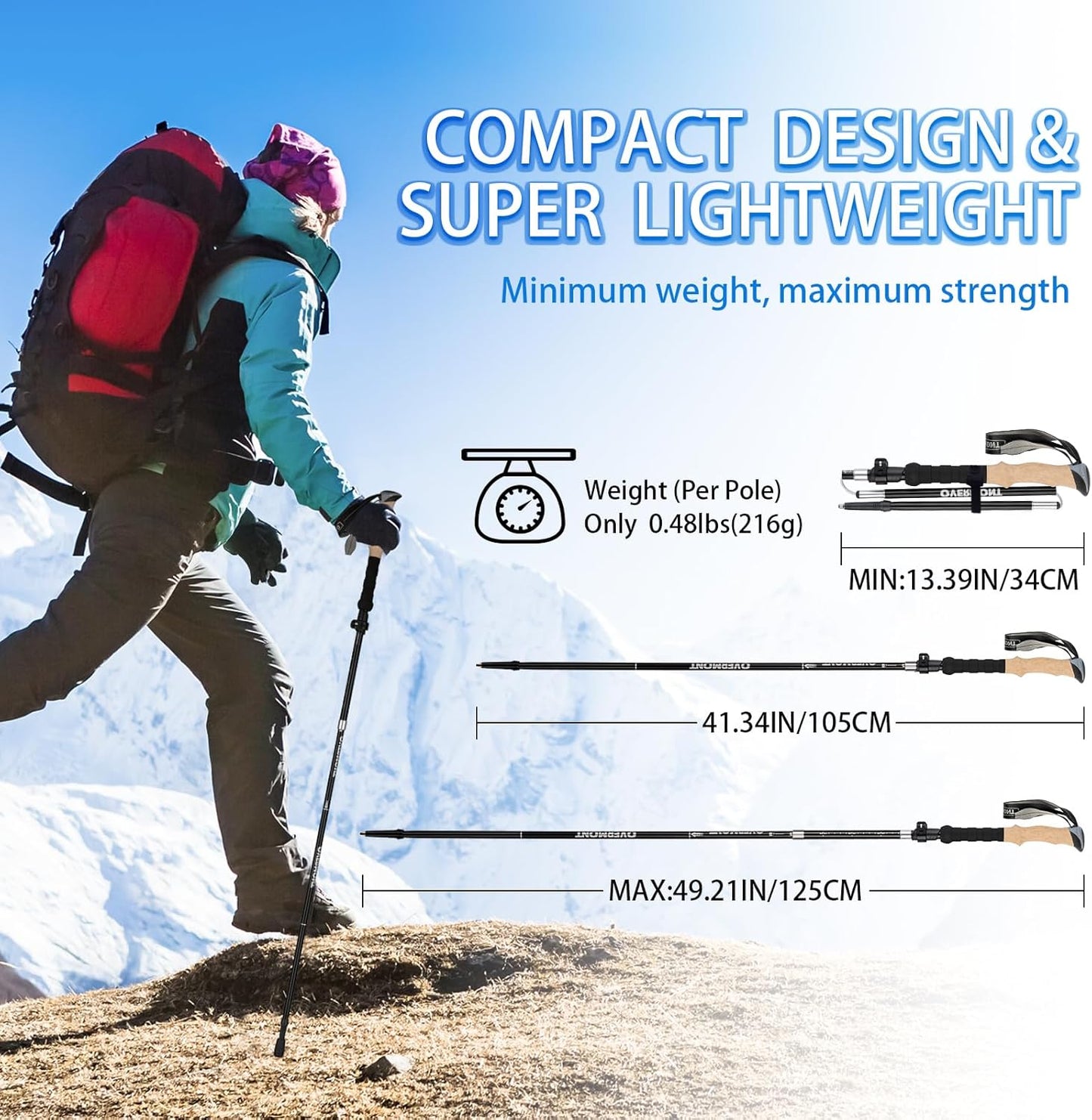 Overmont 7075 Aluminum Trekking Poles - Lightweight Collapsible Hiking Poles Adjustable Walking Sticks with EVA Handle All Terrain Accessories Carry Bag - Set of 2