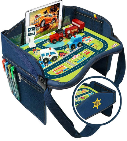 Coolmum Kids Travel Tray, Toddler Car Seat Tray, Double Sided Activity Organizer, Snack Lap Table, Baby Stroller Tray, Airplane Play Table, Waterproof and Foldable (Premium Blue)