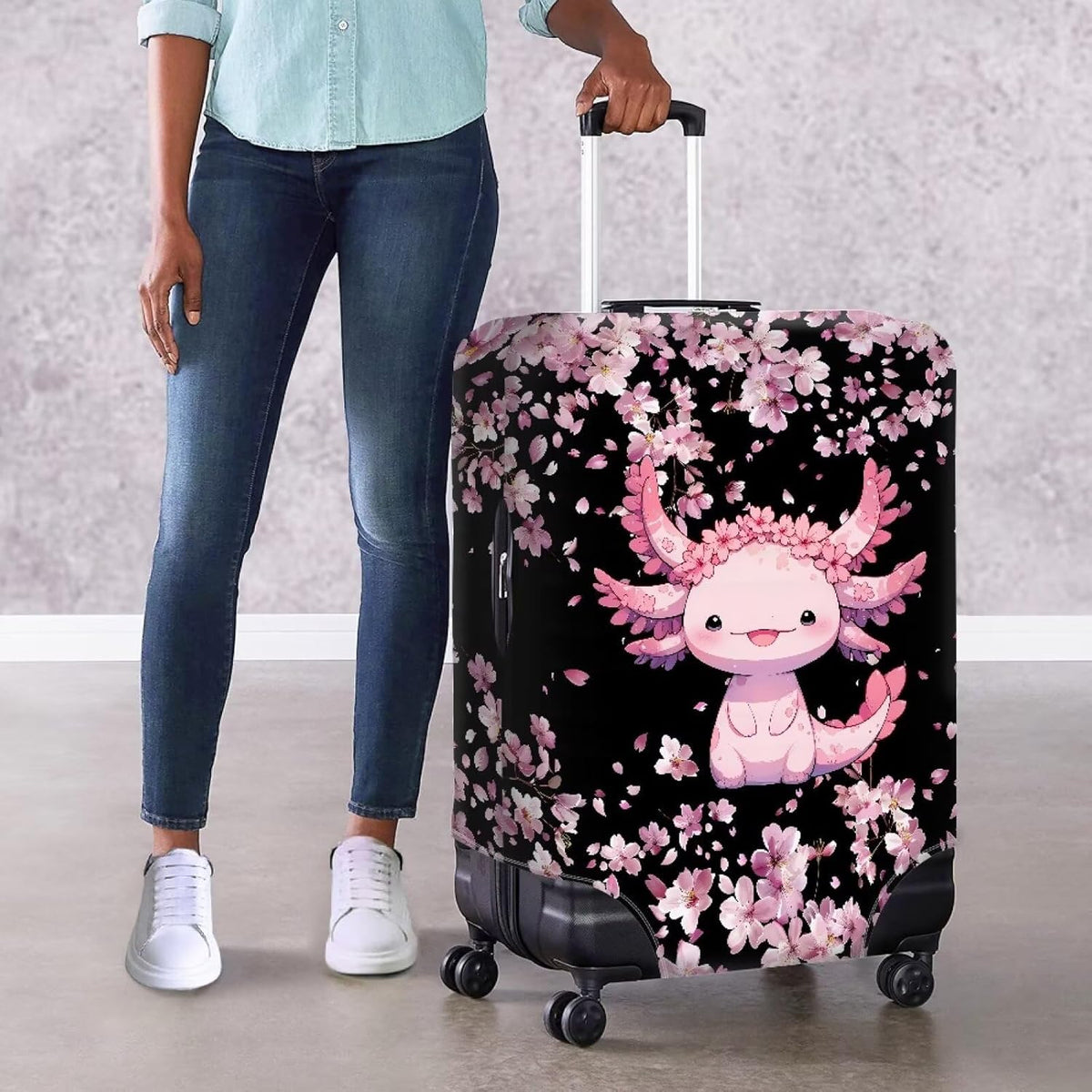 Cute Floral Axolotl Luggage Cover Travel Suitcase Protector Cover Zipper Closer for 30-32inch