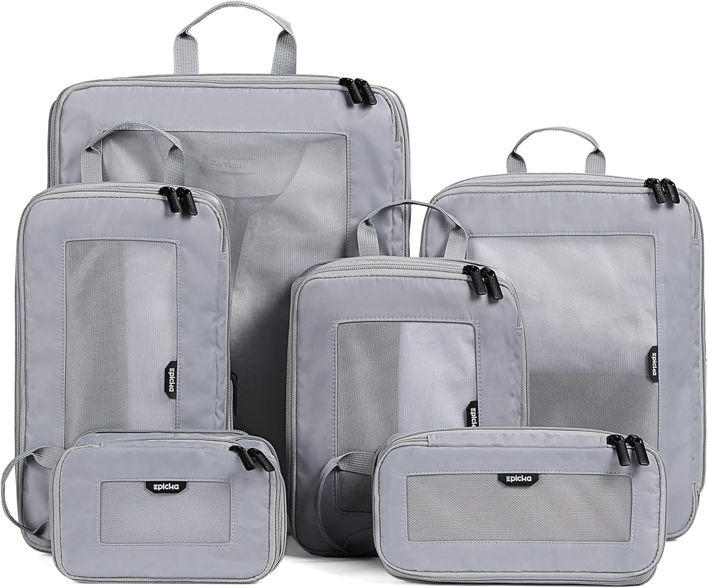 EPICKA TripCozy Compression Packing Cubes - 6 Set Durable Travel Organizer Bags with Mesh Top, Expandable Travel Accessories for Carry on, Luggage, Suitcase, Backpack (Light Grey)