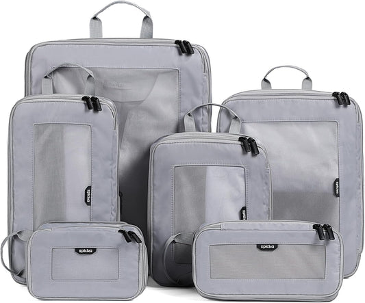 EPICKA TripCozy Compression Packing Cubes - 6 Set Durable Travel Organizer Bags with Mesh Top, Expandable Travel Accessories for Carry on, Luggage, Suitcase, Backpack (Light Grey)