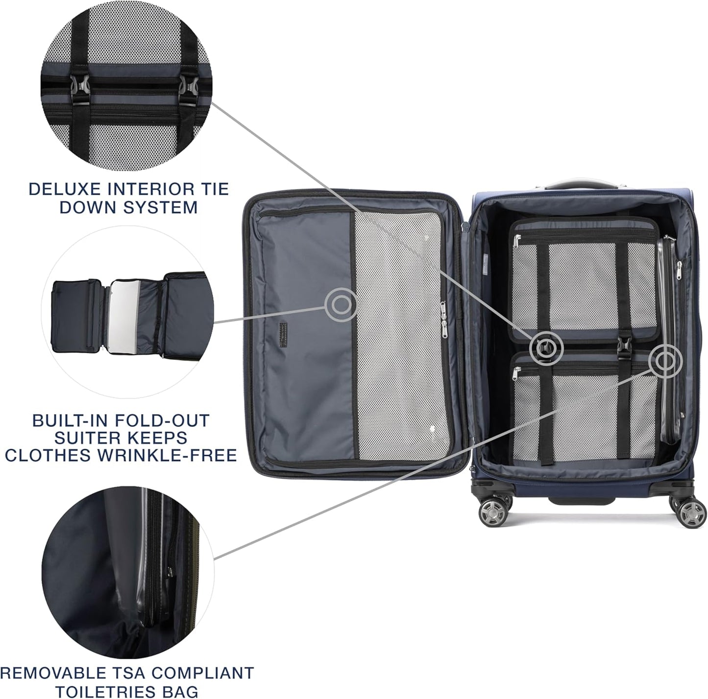 Travelpro Platinum Elite Softside Expandable Checked Luggage, 8 Wheel Spinner Suitcase, TSA Lock, Men and Women, Dark Blue, Checked Medium 25-Inch