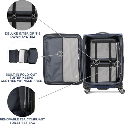 Travelpro Platinum Elite Softside Expandable Checked Luggage, 8 Wheel Spinner Suitcase, TSA Lock, Men and Women, Dark Blue, Checked Medium 25-Inch