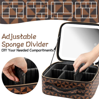 Makeup Travel Train Case with Mirror LED Light 3 Adjustable Brightness Large Cosmetic Bag Portable Storage Adjustable Partition Waterproof Makeup Brushes Make up Jewelry Gift for Women
