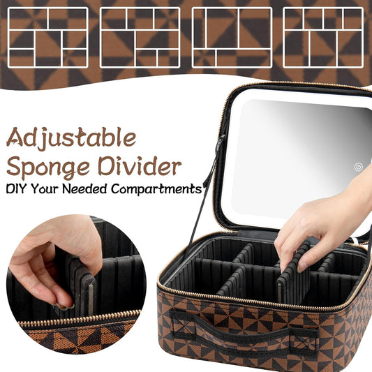 Makeup Travel Train Case with Mirror LED Light 3 Adjustable Brightness Large Cosmetic Bag Portable Storage Adjustable Partition Waterproof Makeup Brushes Make up Jewelry Gift for Women