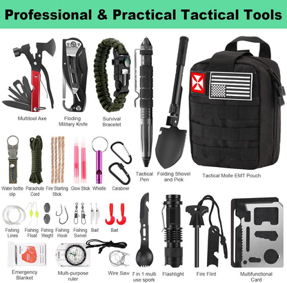 Survival Kit 256 in 1, First Aid Kit Survival Gear Tools Trauma Kit with Molle Pouch for Outdoor, Camping, Hunting, Hiking, Earthquake, Home, Office, Gifts for Men Dad Husband Women