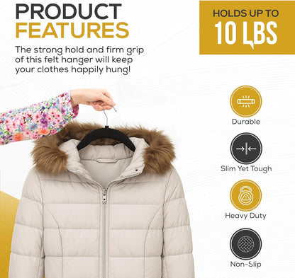 50 Pack New Premium Quality Velvet Hangers Ultra Thin Non Slip Adult Felt Space Saving Hangers for Closet Heavy Duty Coat Pants Jackets Dress Hangers 360° Swivel Hook Hold Upto 10 lbs Black