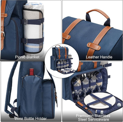 Picnic Backpack for 4 Person with Large Insulated Cooler Bag, Picnic Basket Set with Wine Pouch, Waterproof Picnic Blanket & Cutlery Set. Perfect for, Camping, Party,Wedding Gift for Couple,Blue