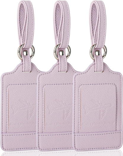 Teskyer Luggage Tags, 3 Pack Premium PU Leather Luggage Tags for Suitcases, Privacy Protection Travel Bag Tags, Lichee Lilac