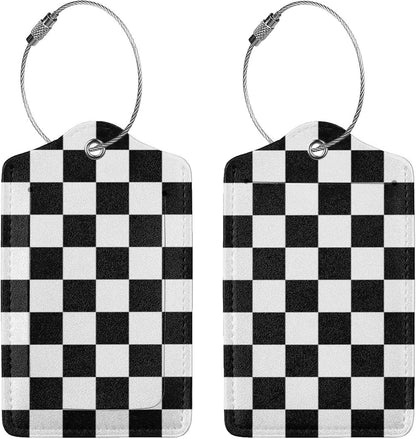 2 Pack Luggage Tags for Suitcase,Black and White Grid PU Leather Travel Luggage Tag with Privacy Flap, Name ID Label and Metal Loop for Women Men Suitcase Baggage Bag Backpack