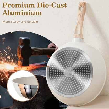 12 Pcs Pots and Pans Set, Nonstick Cookware Sets White Granite Induction Cookware, Non-toxic Healthy Non Stick Kitchen Cooking Set with Frying Pans Set, Saucepans,Steamer (PFAS, PFOA, PFOS Free)