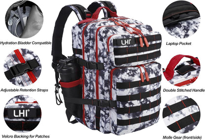 LHI Military Tactical Backpack for Men and Women 45L Army 3 Days Assault Pack Bag Large Rucksack with Molle System Black and white