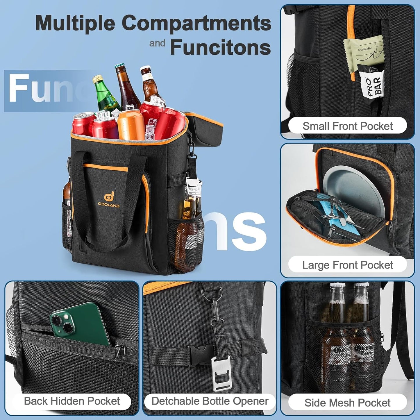 Odoland Cooler Backpack, 30 Cans Insulated Leak-Proof Cooler Bag with Ice Pack for Women and Men, Waterproof Beach Lunch Cooler