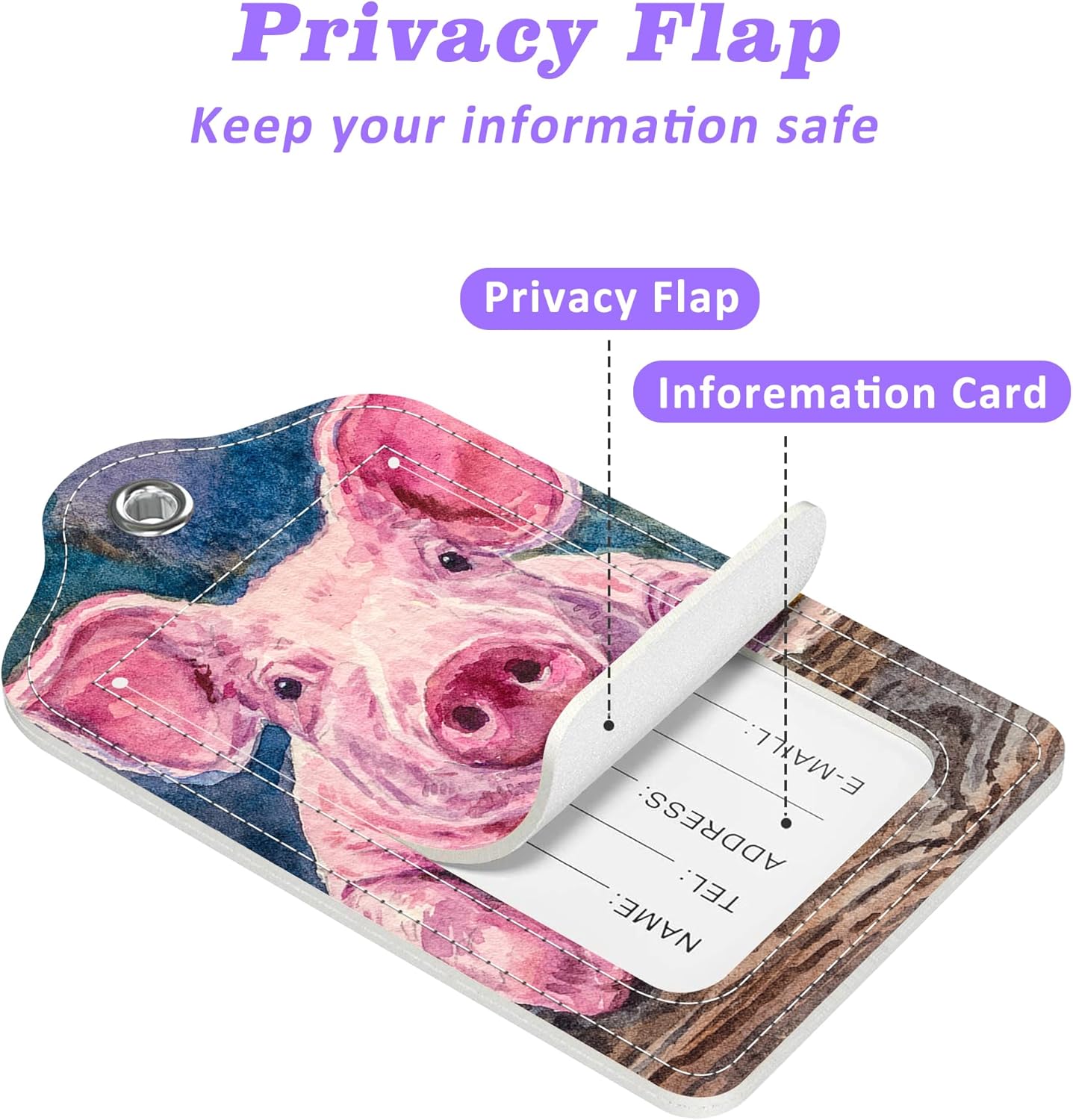 Set of 2 Luggage Tags Cute Baby Piggy Leather Suitcases Tag with Privacy Cover Stainless Steel Loop and Address Card for Women Men Travel