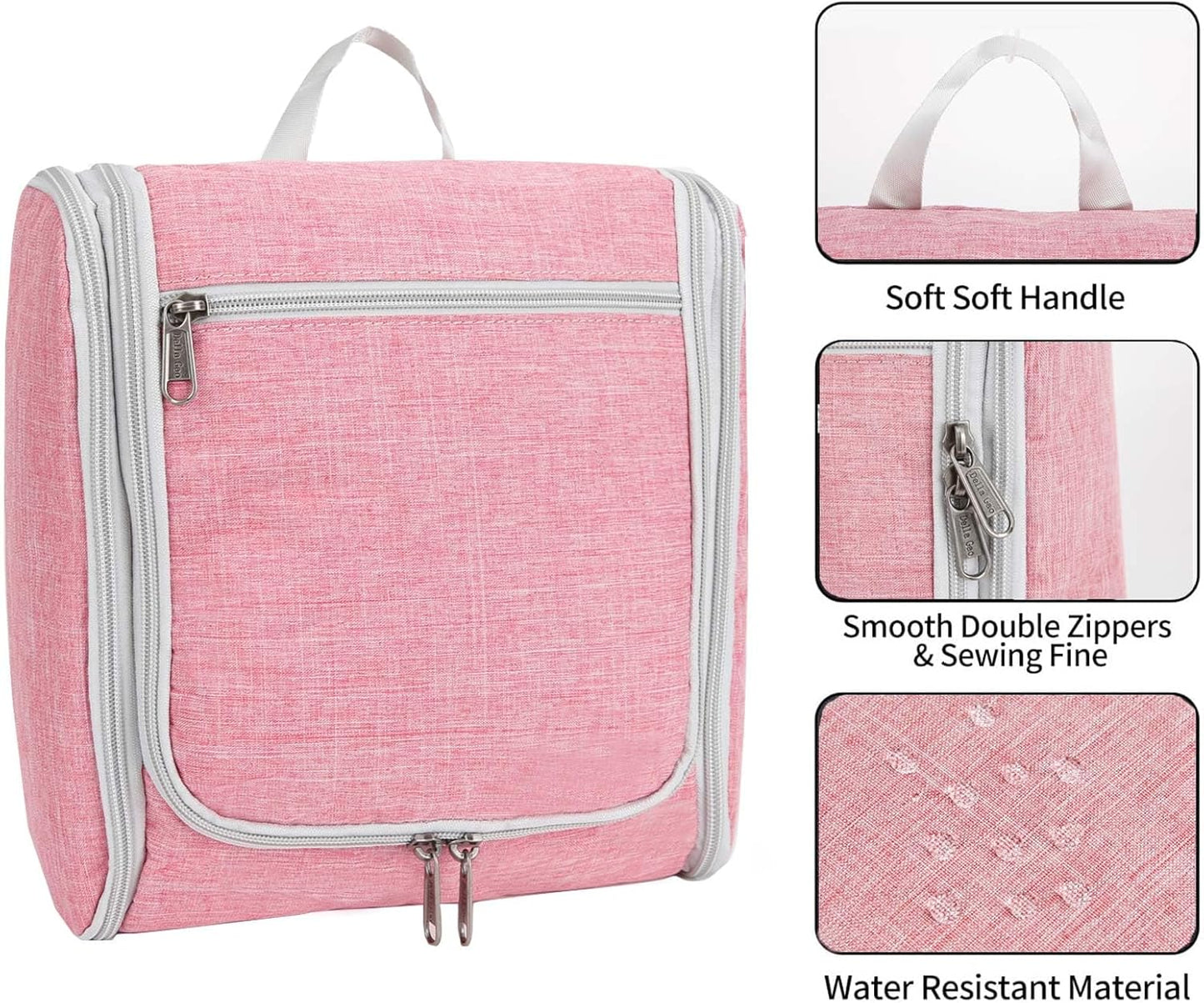 Della Gao Big Capacity Portable Travel Hanging Toiletry Bag Men and Women, Cosmetics Makeup Bag Toiletries Organizer, Water-Resistant Nylon Bathroom Bag, Pink
