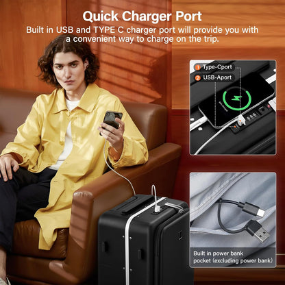 Hanke 28 Inch Luggage with Cup Holder and Charge,Top Opening Hard Shell Suitcases with Wheels and Dividers,Aluminum Frame Trunk Luggage Extra Large Suitcase with Lock for Travel，Jet Black