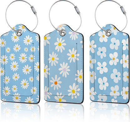 3 PCS Vintage Groovy Flowers Luggage Tags,Suitcase Tags Privacy Cover ID Label with Stainless Steel Loop and Address Card for Travel Bag Suitcase