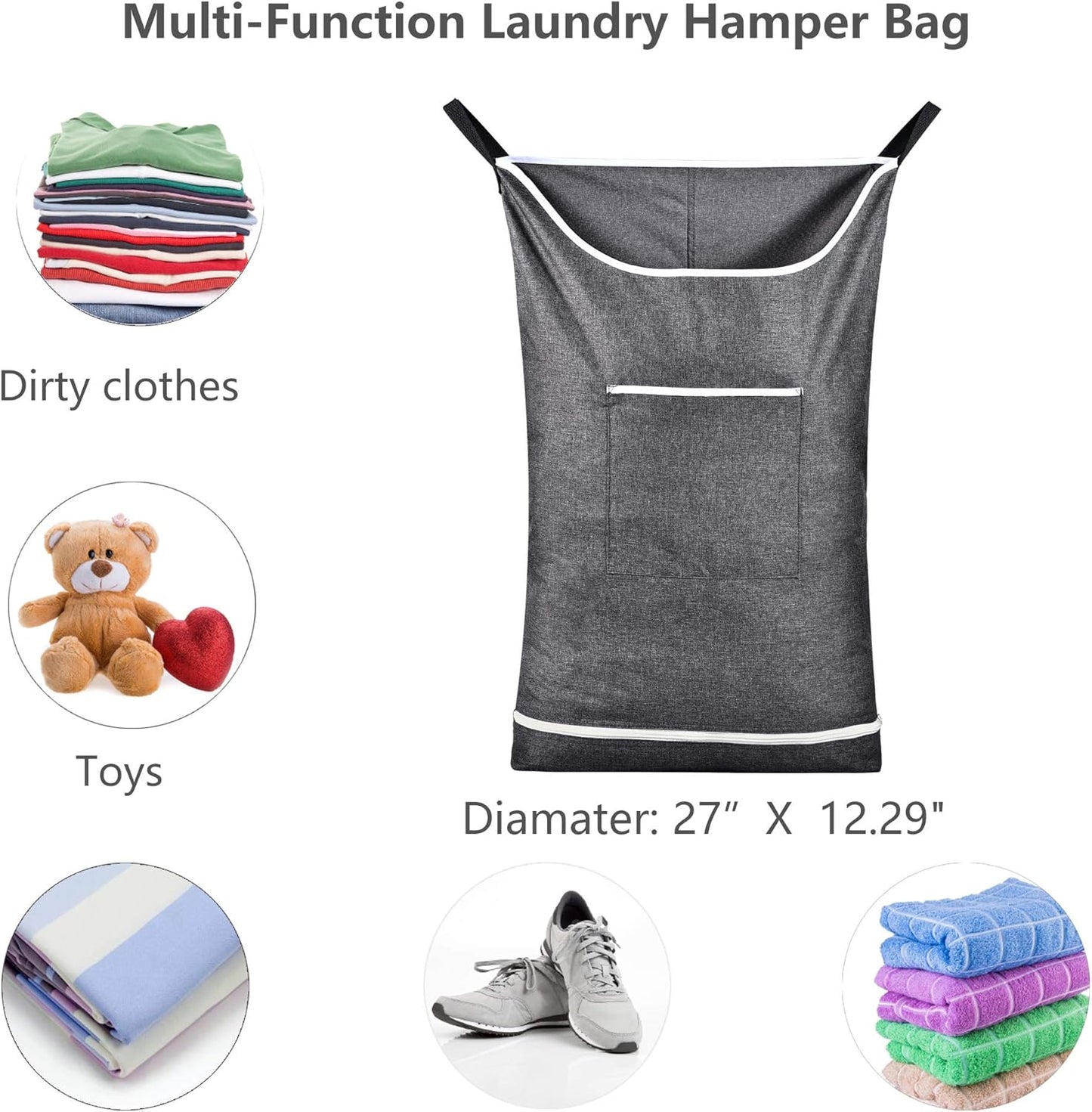 Hanging Laundry Hamper Bag Behind Door Hampers for Laundry Hanging Save Space Zipper Laundry Hamper Door Hanging with 2 PCs Stainless Steel Hooks Suction Hooks for Wall/Bathroom (Grey-2Pack)