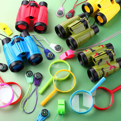 12 Set Binocular Compass Magnifying Glass Set Christmas Birthday Gift Small Telescope Binocular with Whistle Bag for Outdoor Exploring Stocking Stuffer(Colorful,Camouflage)