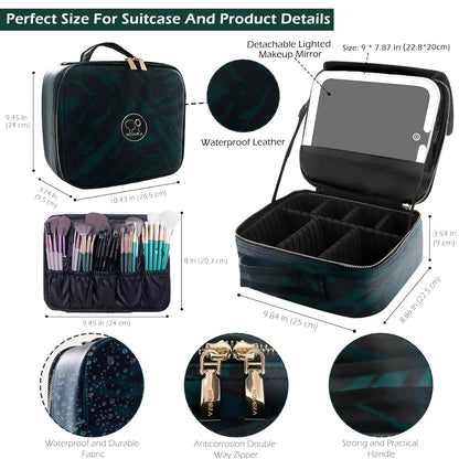 MOMIRA Travel Makeup Bag Cosmetic Bag with Lighted Mirror, Adjustable Brightness in 3 Color Scenarios, Waterproof, 10x Magnifying Mirror, Rotatable Independent Light Mirror- Zebra Green