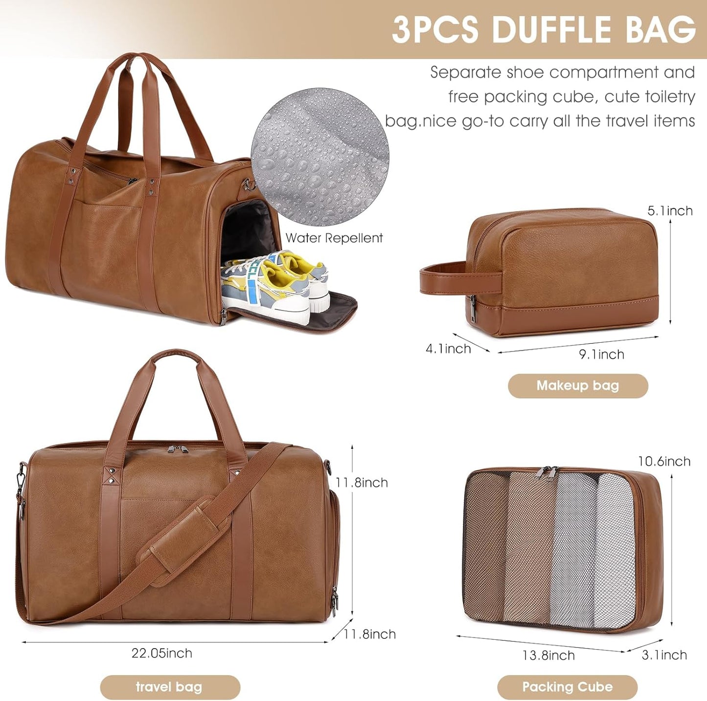 Wogarl 3PCS Leather Weekender Bag for Women Men Large Overnight Bag Travel Duffel Bag with Shoe Compartment Toiletry Packing Cube Carry On Bag Fit 21"" Laptop(Light Brown), YT042