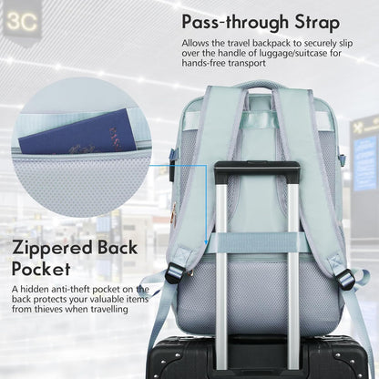 MOMUVO Large Travel Backpack Women, Flight Approved Carry On Backpack, Water Resistant Anti-Theft Large Casual Daypack Fit 17 Inch Laptop with USB Charging Port, Blue