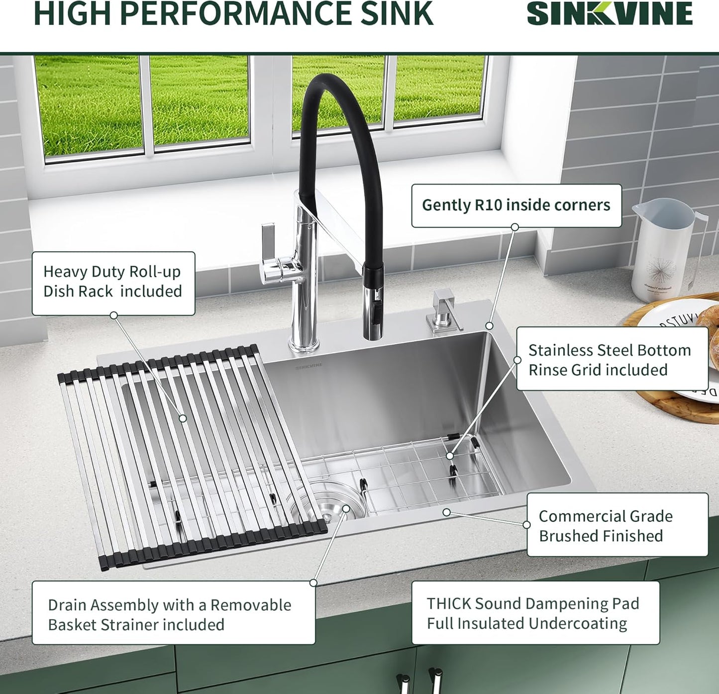 25-Inch Drop-In Kitchen Sink, SINKVINE 25" x 22" Stainless Steel Indoor and Outdoor Sink, Top Mount Large Deep Single Bowl Sink for Laundry Room, with Drain Strainer, Bottom Grid, Roll-up Drying Unit