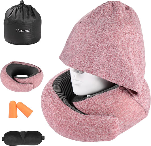 Travel Pillow - Hooded Neck Pillow Airplane Memory Foam Filling for Plane, Office, Cars Sleeping, Road Trip, Long Flights, Portable Plane Accessories, Includes Eye Mask & Earplugs (Red)
