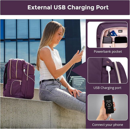 Swissdigital Design Business Laptop Backpack For Women, College Computer Backpack with USB Charging Port, Fits 15.6 Inch Laptop Travel Work Backpack, Purple | KATY ROSE