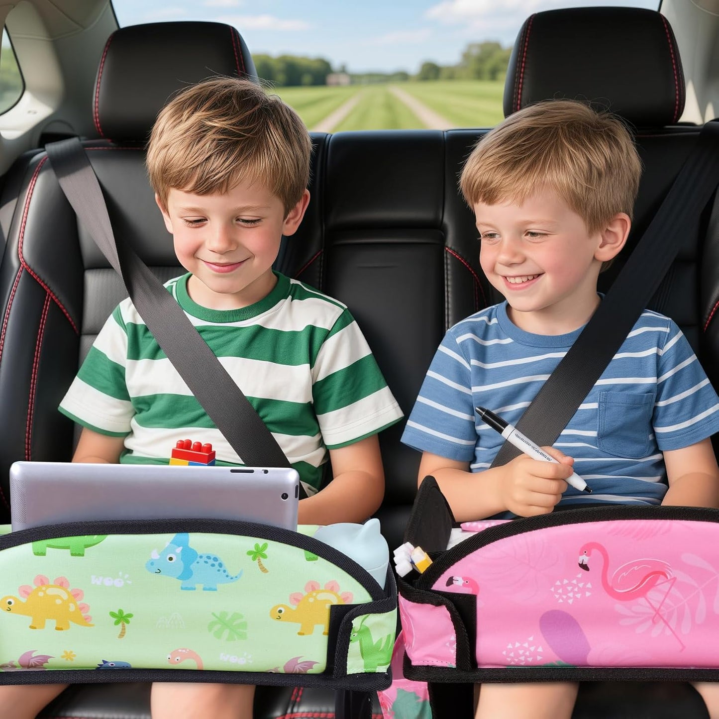 Kids Travel Tray, 3PCS Car Seat Tray for kids Travel, Toddler Road Trip Essentials With Drawing Kit, Toddler Lap Desk Organizer for Car, Carseat Table for Airplane