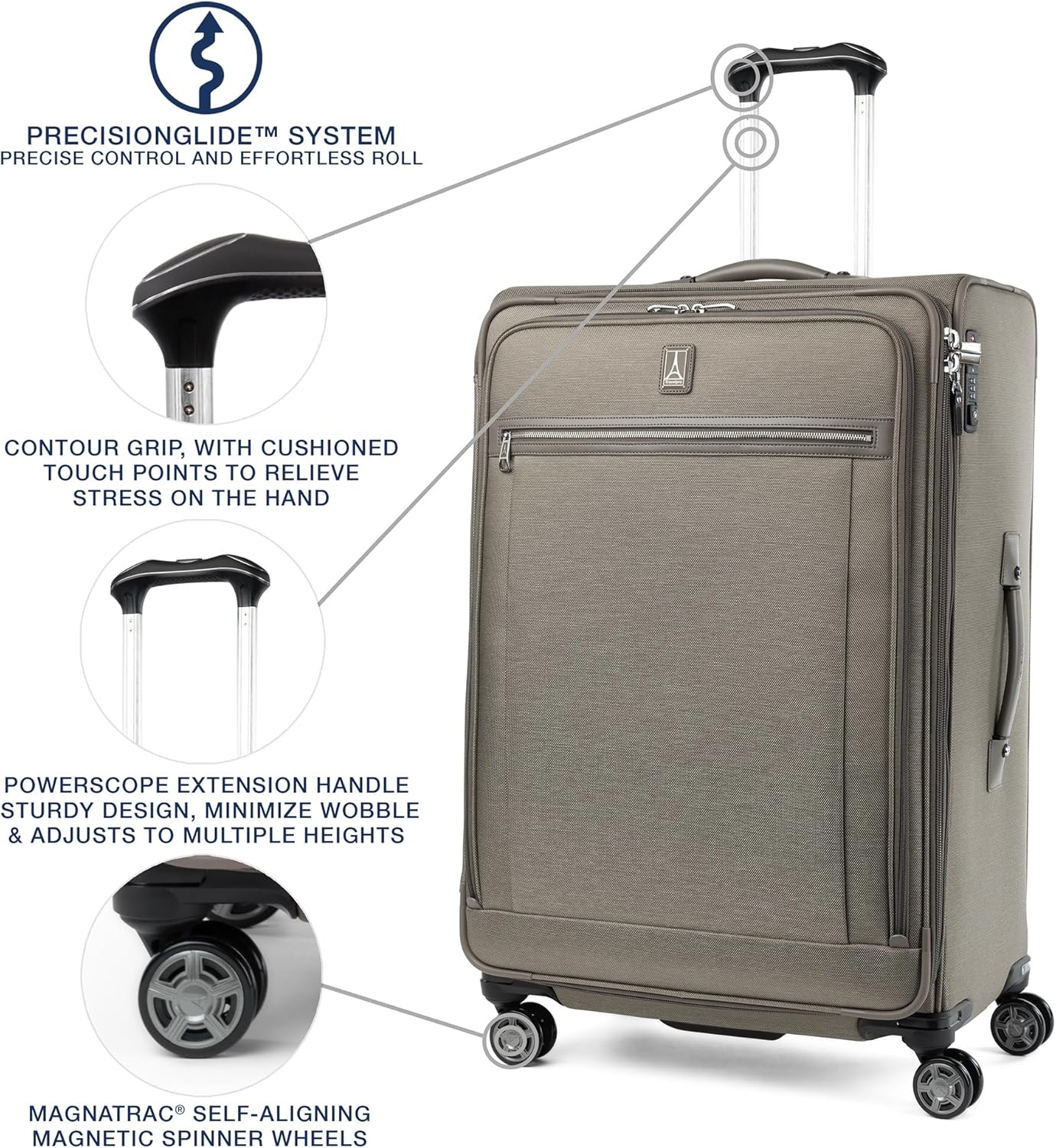 Travelpro Platinum Elite Softside Expandable Checked Luggage, 8 Wheel Spinner Large Suitcase, TSA Lock, Men and Women, Metallic Sand, Checked Large 29-Inch