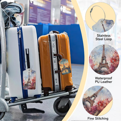 3 Pack Eiffel Tower Luggage Tags for Suitcases, Paris Cute Leather Name Tag with Privacy Cover with Stainless Steel Loops, Travel ID Bag Tags for Women Men