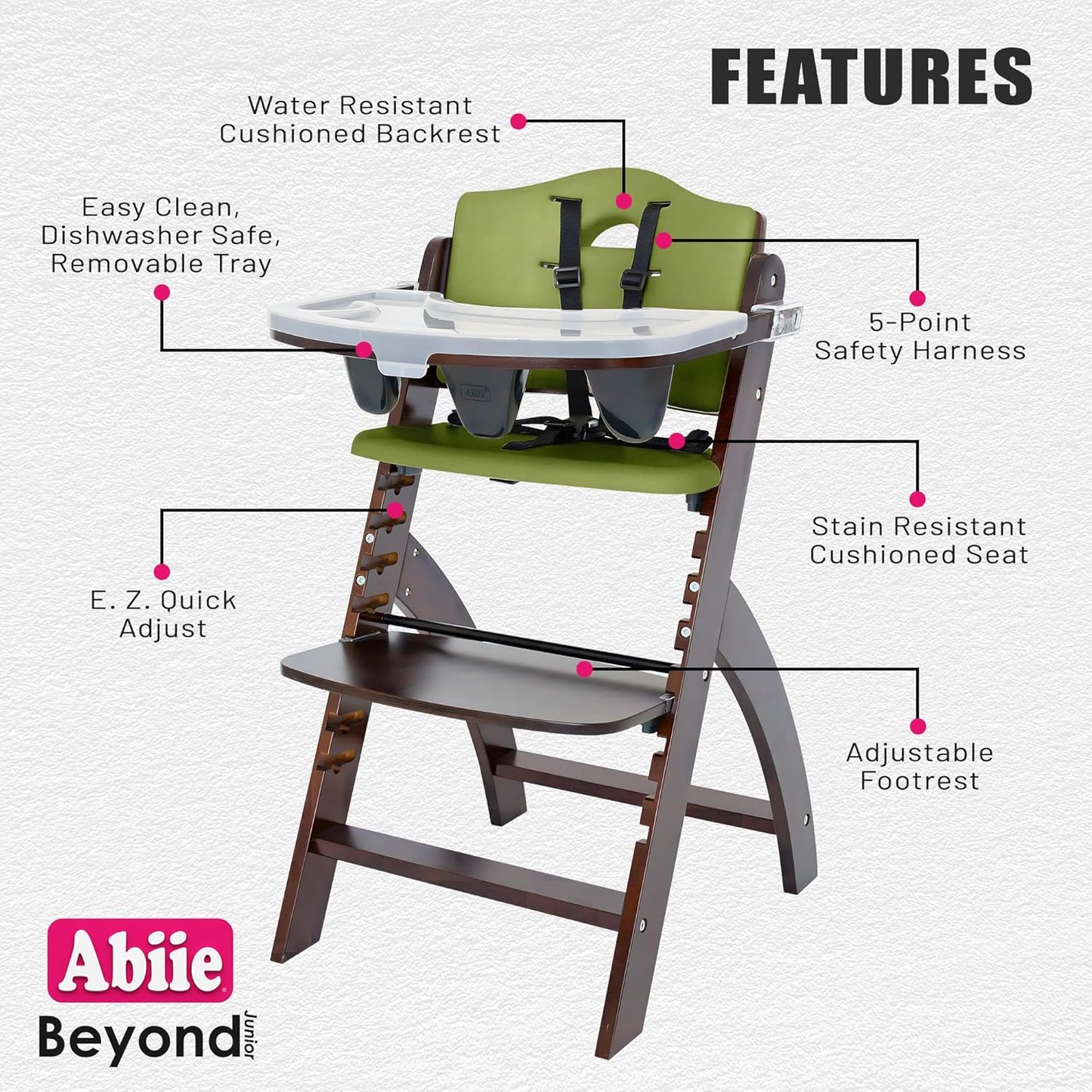Abiie Beyond Junior Wooden High Chair with Tray - Adjustable and Convertible High Chair for Babies and Toddlers - 6 Months to 250 Lb - Water Resistant - Mahogany Wood/Olive Cushion