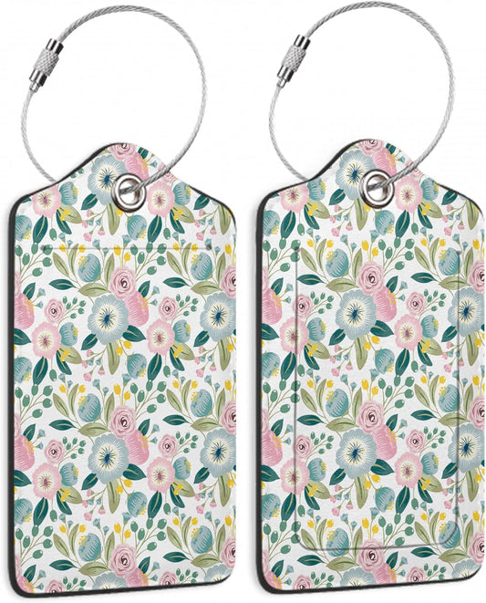 Set of 2 Luggage Tags for Suitcases, Leather Groovy Flower Baggage Tags with Stainless Steel Loop, Privacy Name ID Card Cover Kawaii Travel Labels for Women Men Kids Girls