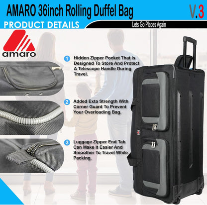 33" Rolling Duffle Bag with Wheels and Handle - Multiple Compartments/Compression Straps With Buckles Balck/Gray trim Large
