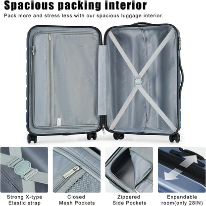 Coolife Luggage Suitcase Carry-on Spinner TSA Lock USB Port Expandable (only 28’’) Lightweight Hardside Luggage (Ice Blue, 3 piece set)