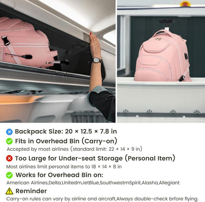 Boavan Rolling Backpack for Women, 17.3 Inch Wheeled Laptop Backpack,Large Travel Carry-On Bag for Teachers College Students, USB Charging Port Waterproof Business for Airplane Overnight Luggage，Pink