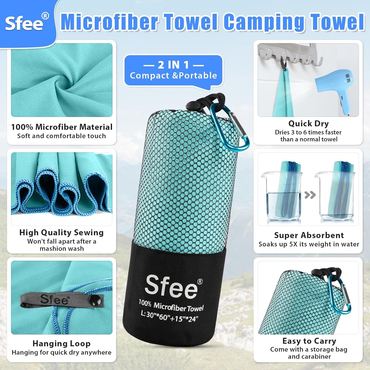 Sfee 2 Pack Microfiber Travel Towel, Quick Dry Towel Camping Towel Beach Towel Super Absorbent Compact Lightweight Sports Gym Towels Set for Beach, Gym, Hiking, Pool, Backpacking, Bath, Yoga