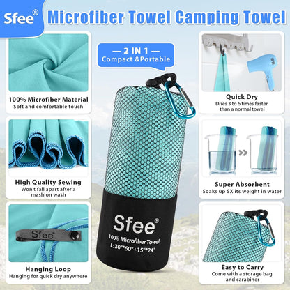 Sfee 2 Pack Microfiber Travel Towel, Quick Dry Towel Camping Towel Beach Towel Super Absorbent Compact Lightweight Sports Gym Towels Set for Beach, Gym, Hiking, Pool, Backpacking, Bath, Yoga