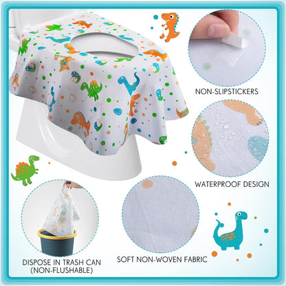 50 Packs Disposable Toilet Seat Covers Extra Large Individually Wrapped for Kids and Adults, Portable Non Slip Waterproof Potty Seat Covers for Toddlers Potty Training, Travel (Dinosaur)