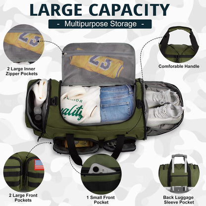 Tactical Gym Bag for Men，50L Large 3 in 1 Sports Duffle Bag with Shoes Compartment for Travel,Water Resistant Travel Backpack Weekender Overnight Bag with Wet Pocket for Women